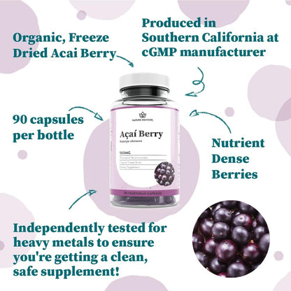 Nature Restore Organic Acai Berry Supplement, Freeze Dried, 90 Acai Berry Capsules, Non GMO, Gluten Free, Vegan