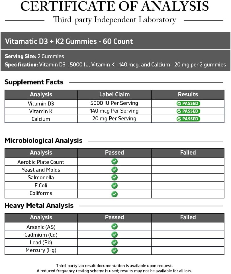 Vitamatic Vitamin D3 + K2 Gummies 60 Count - 2 Pack | D-3 5000 IU + Vitamin K 140mcg for Bone Heart & Immune Support, Pectin-Based, Non-GMO, Gluten-Free
