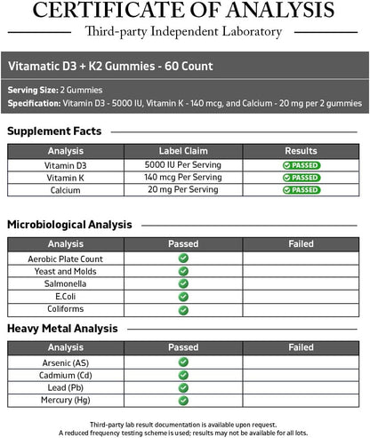 Vitamatic Vitamin D3 + K2 Gummies 60 Count - 2 Pack | D-3 5000 IU + Vitamin K 140mcg for Bone Heart & Immune Support, Pectin-Based, Non-GMO, Gluten-Free