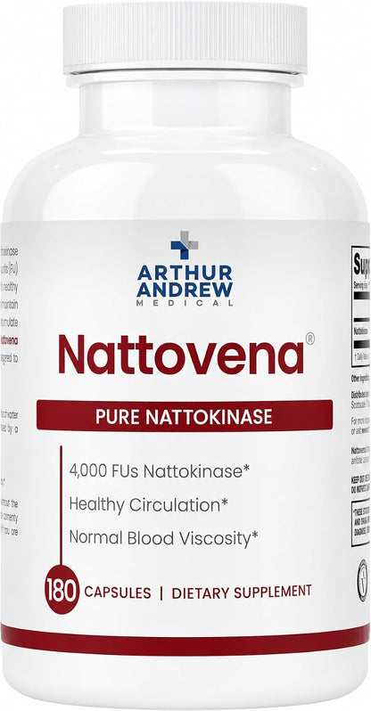 Arthur Andrew Medical, Nattovena, Pure Nattokinase 4000 FU, 180 Capsules | Double Strength Pure Nattokinase 4000 FU. Cardiovascular Support, & Healthy Blood Viscosity. Soy Free, Non-GMO, Vegan