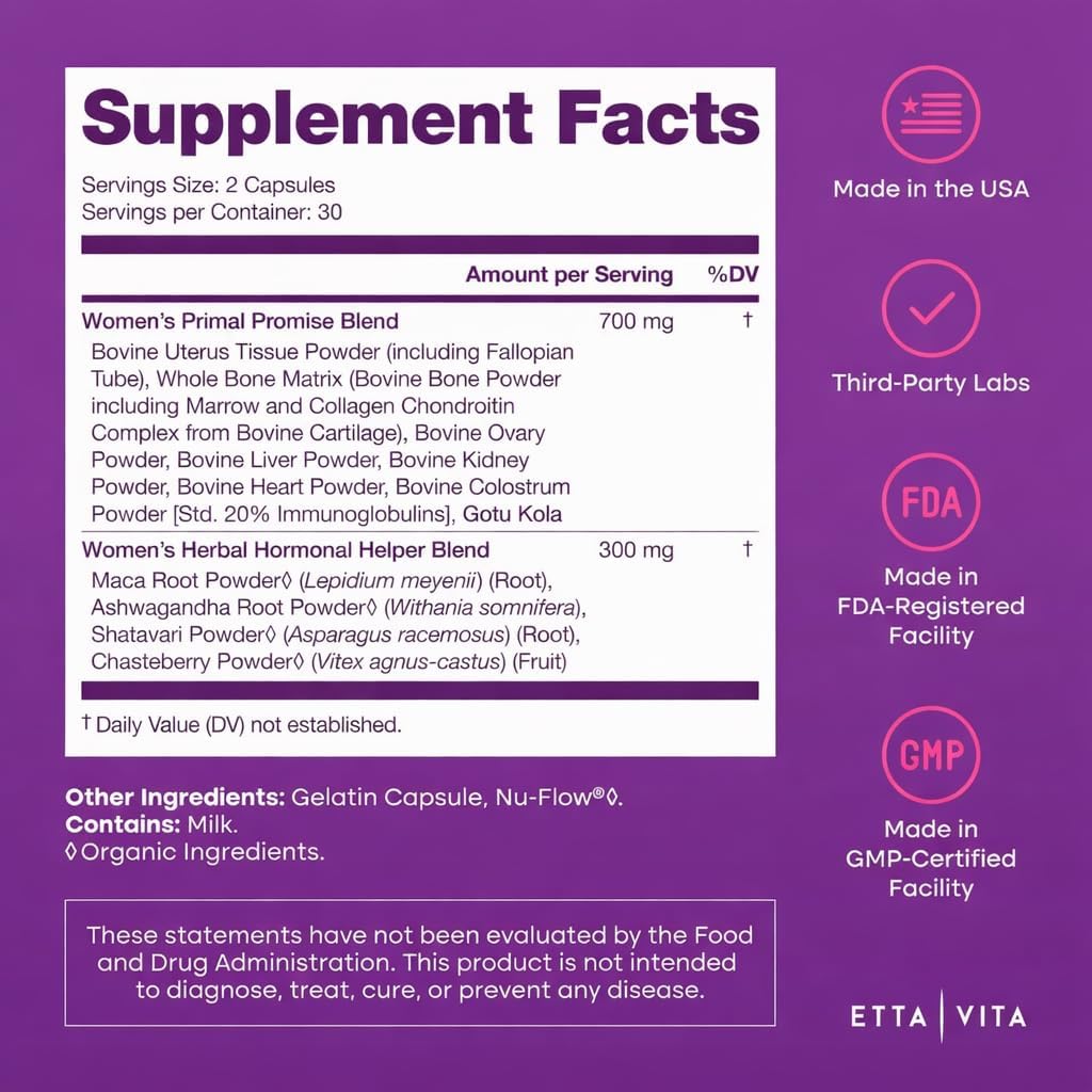 Primal Beef Organ Supplement for Women with Grass-Fed/Finished Ovary, Uterus, Liver, Kidney, Heart, Bone Matrix, Colostrum, Maca, Ashwagandha, Shatavari & Chasteberry - Energy Support - Made in USA