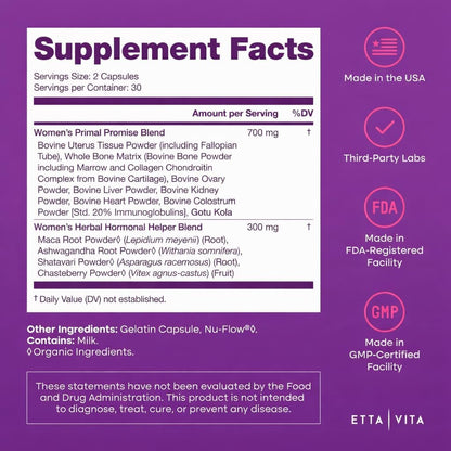 Primal Beef Organ Supplement for Women with Grass-Fed/Finished Ovary, Uterus, Liver, Kidney, Heart, Bone Matrix, Colostrum, Maca, Ashwagandha, Shatavari & Chasteberry - Energy Support - Made in USA