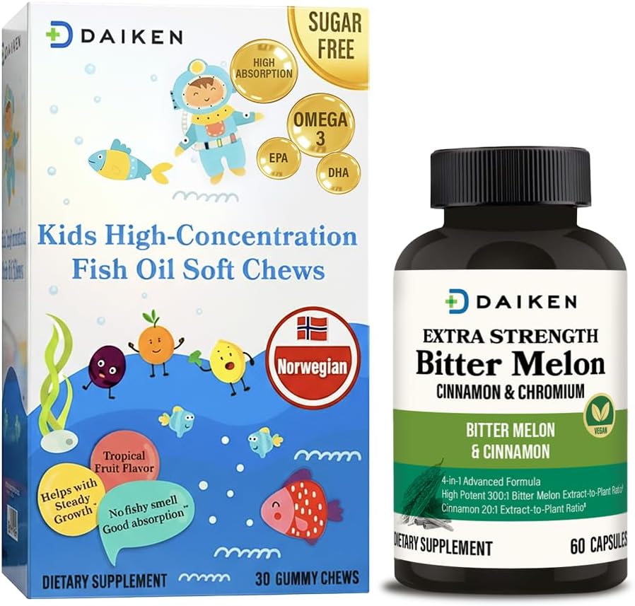 DAIKEN Bundle of Kids Fish Oil Omega-3 Gummies 300mg DHA/EPA w/Vitamin D3, Norwegian Sourced & Bitter Melon, Cinnamon & Chromium Vegetarian Capsules w/Zinc