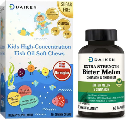 DAIKEN Bundle of Kids Fish Oil Omega-3 Gummies 300mg DHA/EPA w/Vitamin D3, Norwegian Sourced & Bitter Melon, Cinnamon & Chromium Vegetarian Capsules w/Zinc