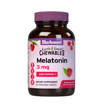 Bluebonnet Nutrition EarthSweet Melatonin 3 mg Fast-Acting Quick Dissolve Nighttime Relaxation & Restful Sleep Support - Sleep Aid - Gluten-Free, Vegan - Raspberry Flavor - 120 Chewable Tablets