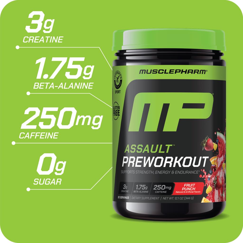 MusclePharm Assault Pre Workout Powder for Men & Women – Energy & Strength Boost Pre-Workout Supplements with Beta Alanine, Caffeine, Creatine & Betaine Anhydrous – 30 Servings, Fruit Punch Flavor