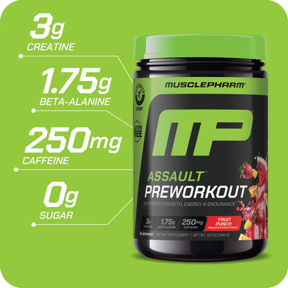 MusclePharm Assault Pre Workout Powder for Men & Women – Energy & Strength Boost Pre-Workout Supplements with Beta Alanine, Caffeine, Creatine & Betaine Anhydrous – 30 Servings, Fruit Punch Flavor
