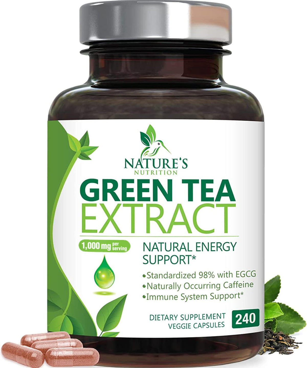 Green Tea Extract Capsules 1000mg 98% Standardized EGCG - 3X Strength for Natural