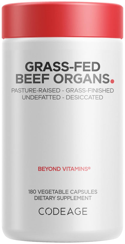Codeage Beef Organs, Liver, Heart, Kidney, Grass-Fed, Freeze Dried, 180 ct | Grass-fed, freeze-dried, non-defatted desiccated bovine liver, heart, kidney, pancreas, spleen. Non-GMO.