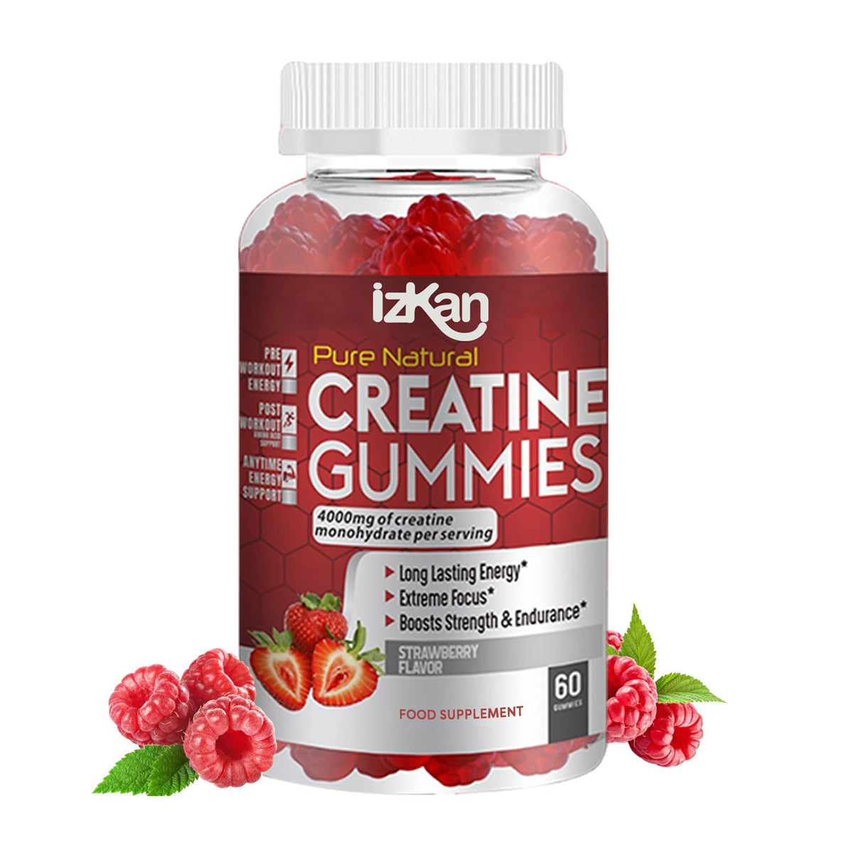 Izkan Pro Creatine Monohydrate Gummies 4000mg for Men & Women - 60 Chewable 