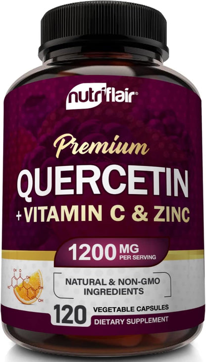 NutriFlair Quercetin 1200mg with Vitamin C and Zinc, 120 Capsules - All-Natural Supplement, Gluten-Free, Soy-Free, Non-GMO, Easy-to-Swallow, 2-Month Supply