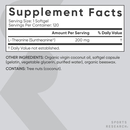 Sports Research Double Strength L-Theanine Supplement - Suntheanine Softgels for Focus, Relaxation & Alertness - Non-Drowsy Support Made with Coconut Oil, Non-GMO & Gluten Free - 200mg, 60 Count