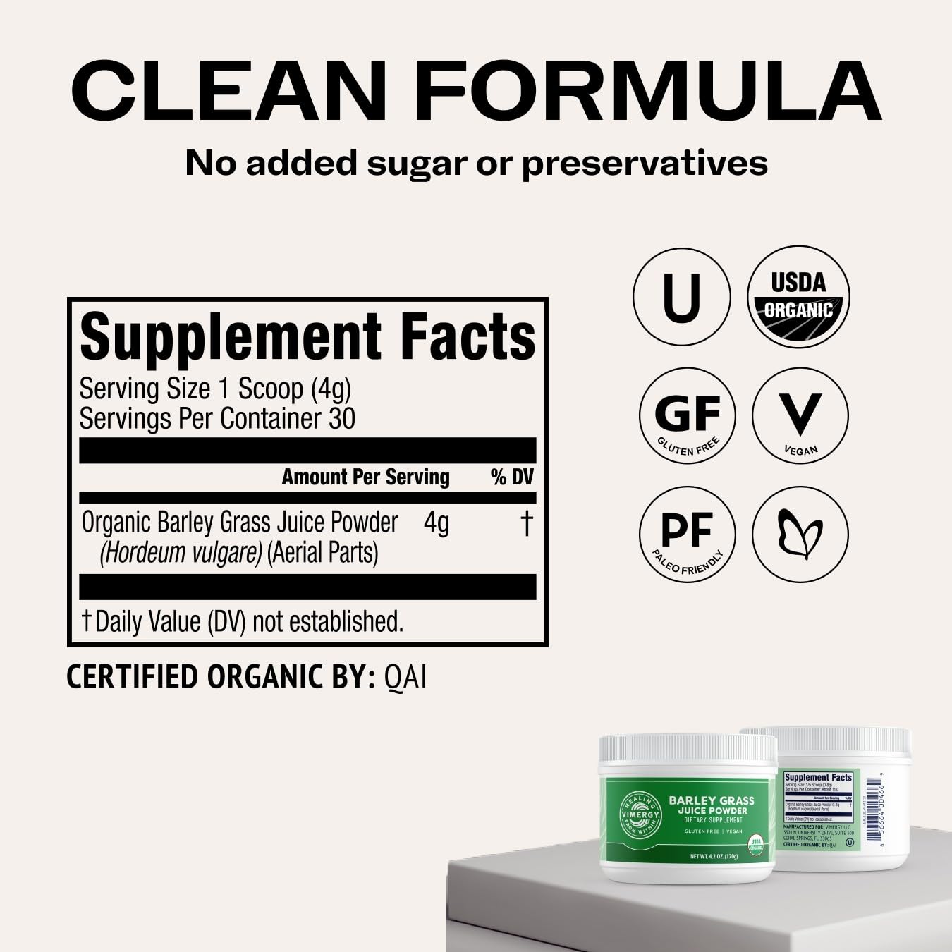 Vimergy Barley Grass Juice Powder Dietary Supplement - 4g per Serving (62 Servings) – Clean Superfood – Promotes Cardiovascular Health* – Organic, Vegan & Gluten-Free – Regular Size 250g