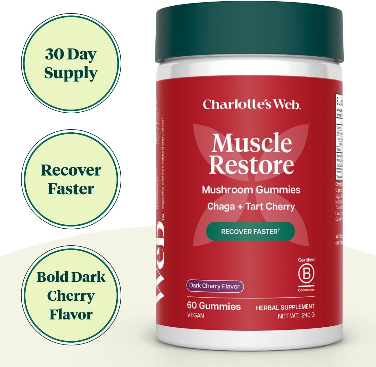 Charlotte's Web Muscle Restore Mushroom Gummies for Adults — Chaga & Tart Cherry Supplement for Muscle Recovery and Fatigue — Vegan, Kosher, Non-GMO (Dark Cherry Flavor, 30 Servings)