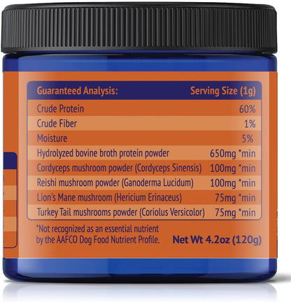 Grass-Fed Beef Bone Broth Powder for Dogs - Rich in Protein & Collagen, Enhanced with Mushroom Blend for Strong Bones, Joint Flexibility, Digestive Comfort & Immune Support - Made in USA - 4.2oz