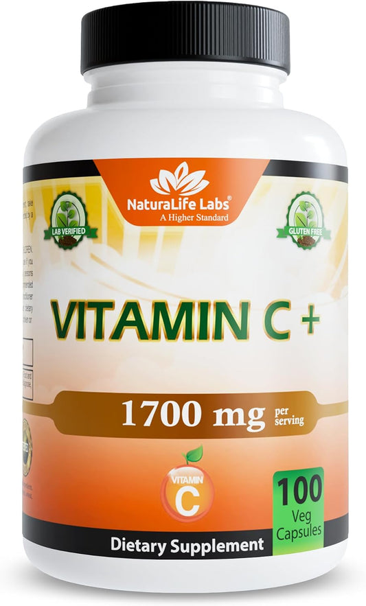 NaturaLife Labs Vitamin C with Vitamin D3, Zinc, Elderberry & Ginger Root – 1,700 mg per Serving – 100 Capsules, Vegan, Non-GMO, Gluten Free