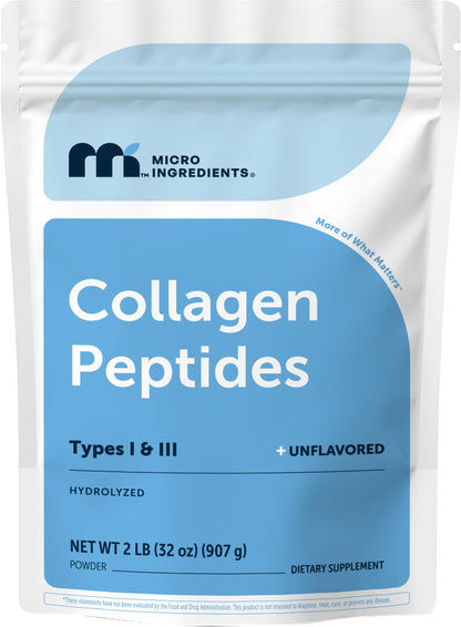 Micro Ingredients Hydrolyzed Collagen Peptides Powder, 1 lb | Type I & III Collagen for Women & Men | Unflavored Bovine Collagen Protein | Easy Dissolve, Paleo, Non-GMO