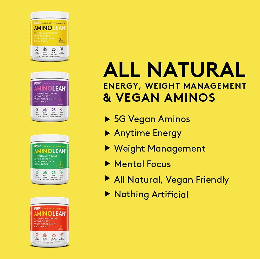 RSP NUTRITION Vegan AminoLean Pre Workout Energy (Pineapple Coconut 25 Servings) with AminoLean Recovery Post Workout Boost (Tropical Island Punch 30 Servings)