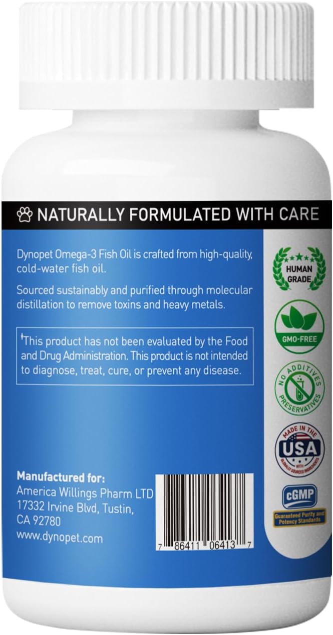 Omega-3 Fish Oil for Pets, High Potency EPA & DHA, Supports Shiny Coat & Immune Defense, 100 Softgels, Human Grade, GMO-Free, No Additives