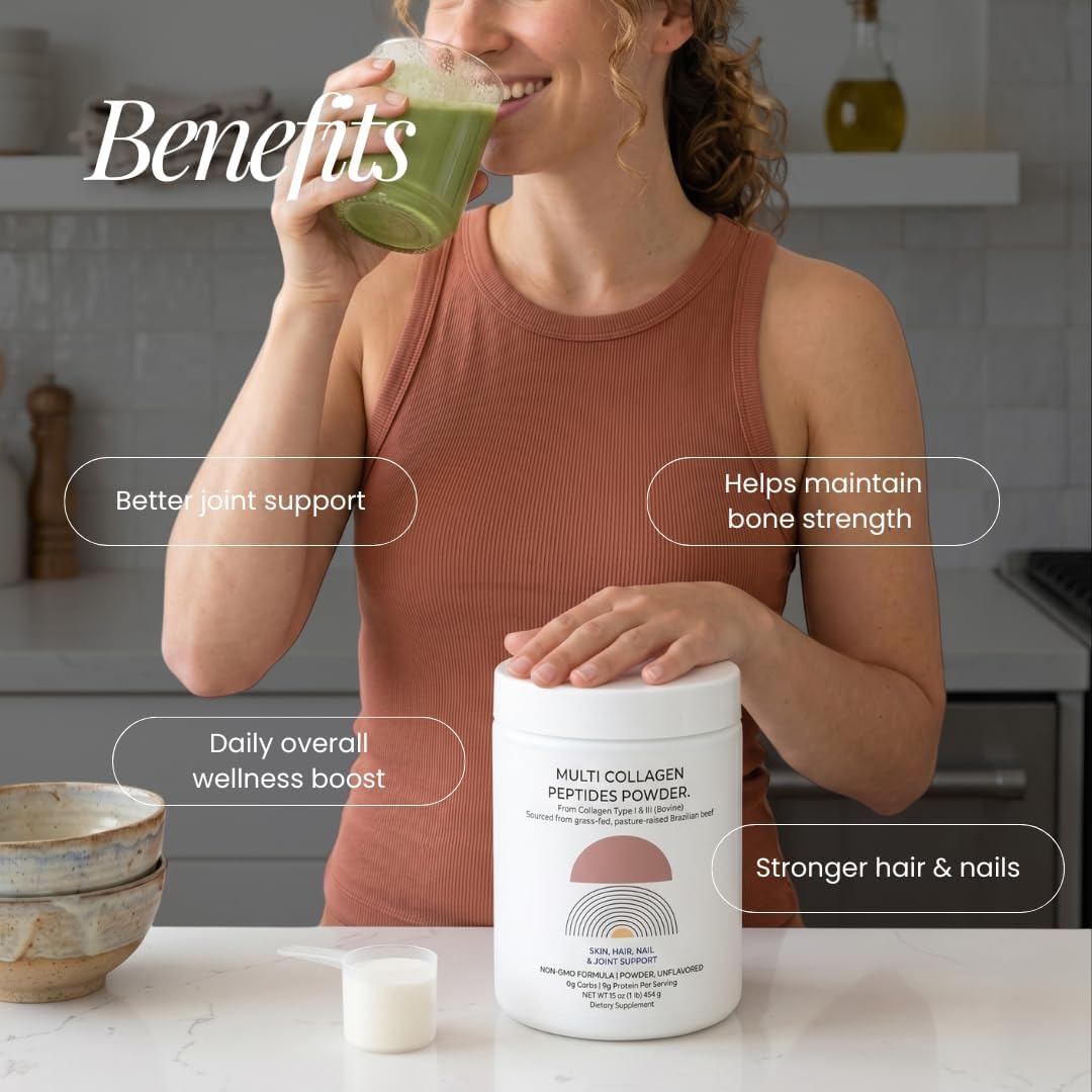Multi Collagen Peptides Powder - Hydrolyzed Grass-Fed Collagen Powder for Skin, Hair, Nails, Joints & Gut Health - Type I, II, III, V & X Collagen Unflavored Daily Supplement (16 oz./454 g.)