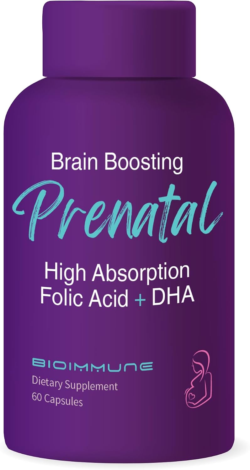 BioImmune Ultra Strength Bio-Available Prenatal Vitamins for Women, Naturally Occurring Methylated Folate Folic Acid, DHA Omega 3. Supports Brain Development, Healthy Fetal Development