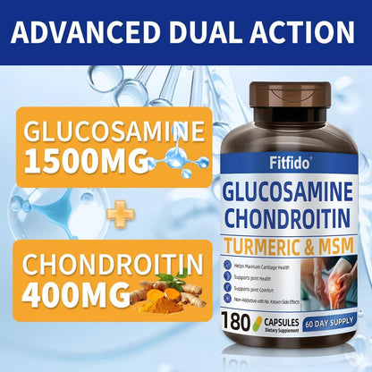 Glucosamine Chondroitin MSM, Turmeric & Boswellia, 180 Count | Joint & Cartilage Support, Daily Joint Care, Non-GMO, Gluten Free, Easy-to-Swallow Capsules, Clean Formula, 60-Day Supply