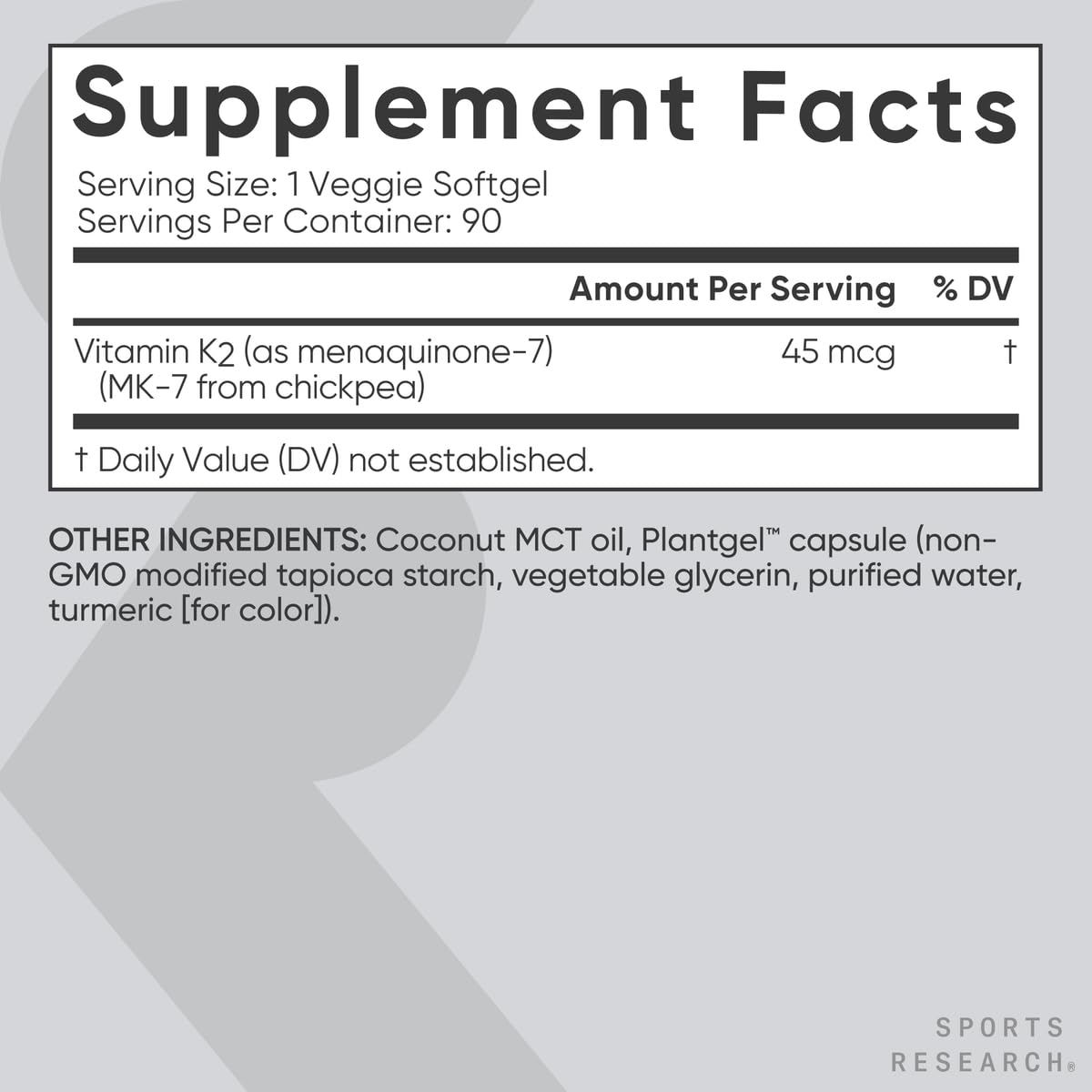 Sports Research® Vitamin K2 as MK-7 100mcg with Coconut MCT Oil - 60 Veggie Softgels (2 Month Supply) Vegan Certified, Non-GMO Verified, Gluten & Soy Free