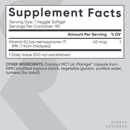 Sports Research® Vitamin K2 as MK-7 100mcg with Coconut MCT Oil - 60 Veggie Softgels (2 Month Supply) Vegan Certified, Non-GMO Verified, Gluten & Soy Free