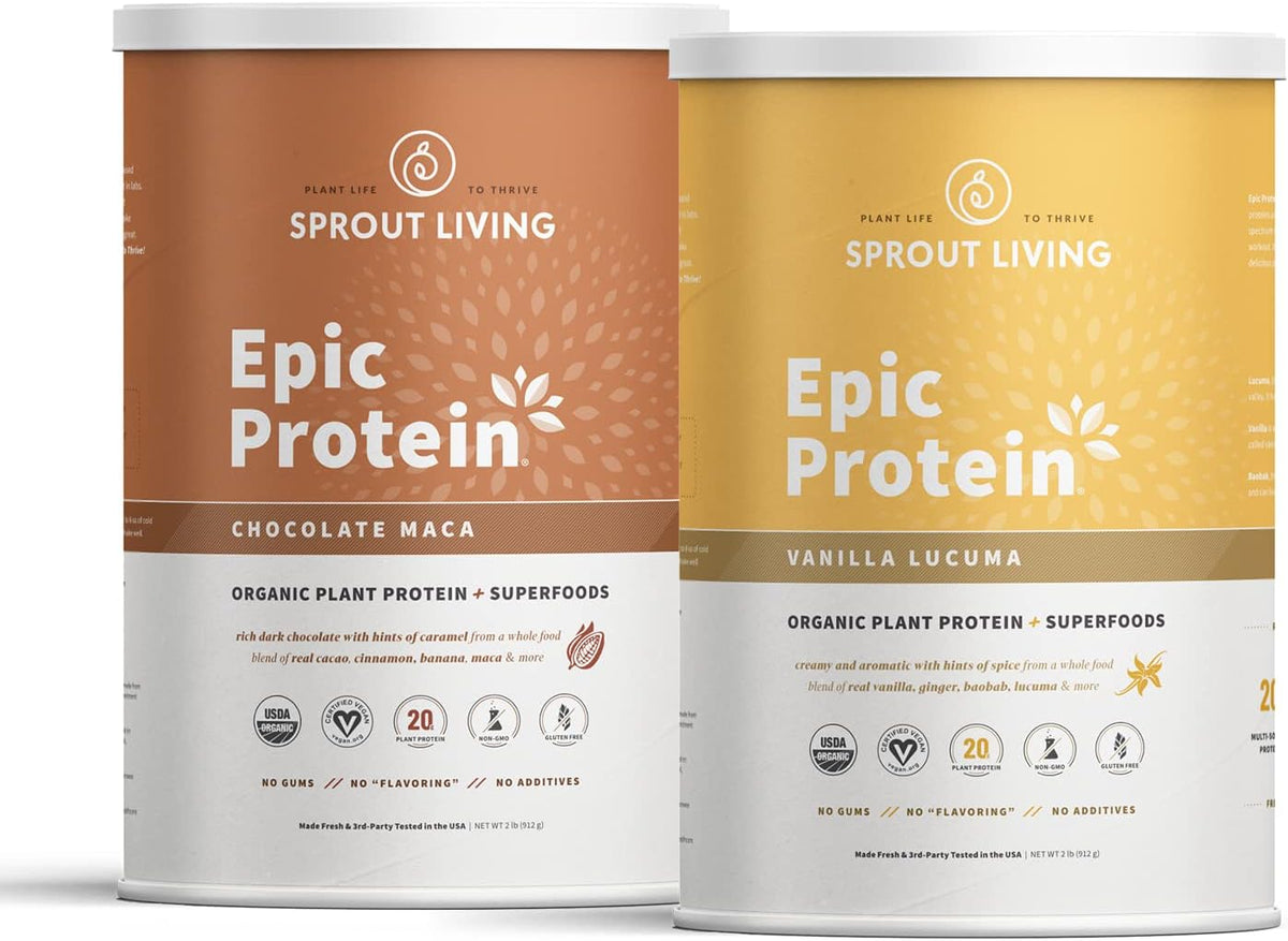 Sprout Living Epic Protein Bundle - Chocolate Maca & Vanilla Lucuma (20g Organic Plant-Based Protein Powder, Vegan, Gluten Free, Superfoods) | 2lb, 24 Servings