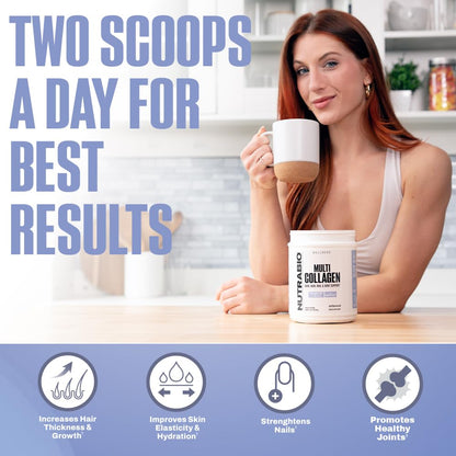 NutraBio Multi Collagen Powder - Hydrolyzed Collagen Peptides for Glowing Hair & Skin - Grass-Fed - Collagen Powder for Women and Men - 40 Servings- Unflavored