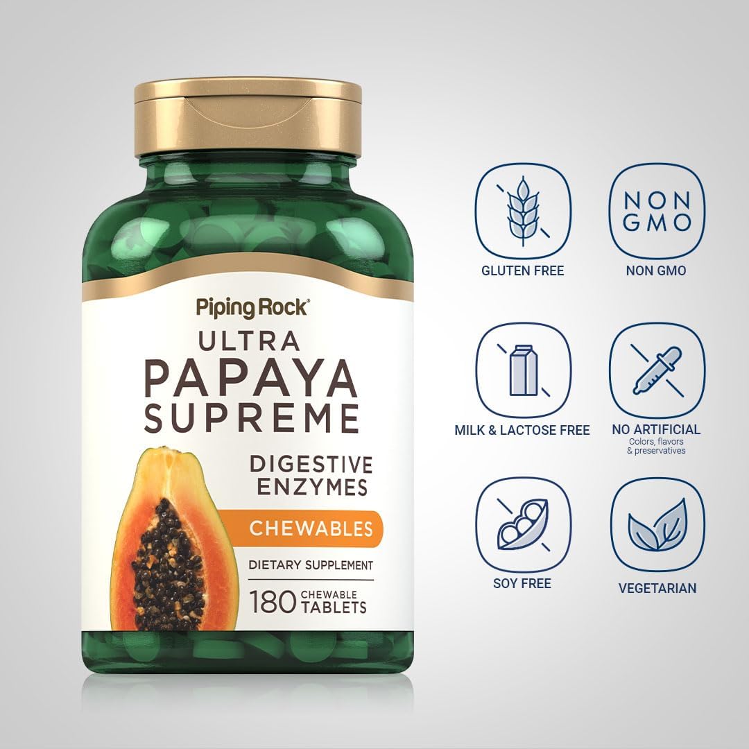 Piping Rock Papaya Digestive Enzymes Chewable | 180 Tablets | Ultra Supplement for Women and Men | Carica Papaya | Vegetarian, Non-GMO, Gluten Free