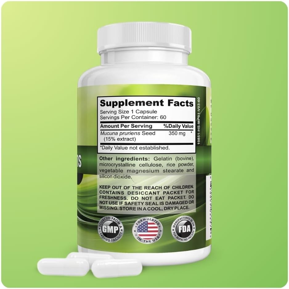 Mucuna Pruriens Extract Capsules 350mg, Standardized 15% Extract, Overall Sexual Wellness and Mood Support, Herbal Formula, Non-GMO, Third-Party Tested, Made in USA, 60 Capsules