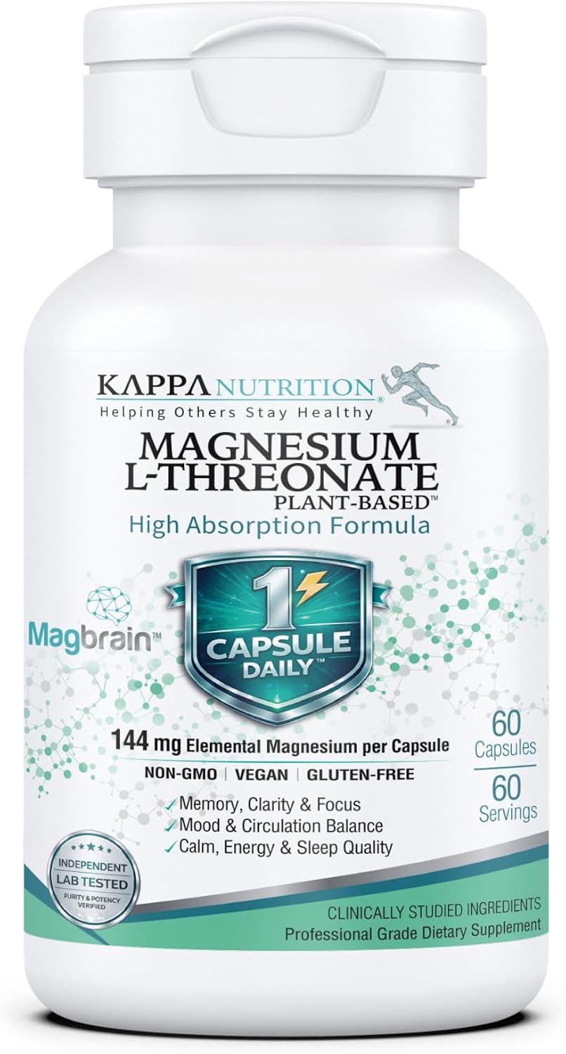 Kappa Nutrition, Magbrain® Plant‑Derived Magnesium L‑Threonate, 144 mg Elemental Magnesium, Brain & Nervous System Support, 60 Vegan Capsules, Once‑Daily Biocomplex.