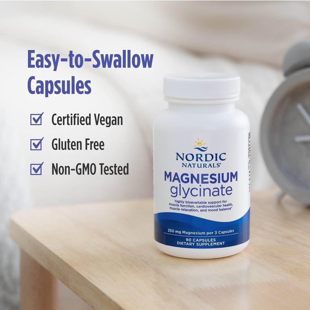 Nordic Naturals Magnesium Glycinate, 250mg - Vegetarian Capsules - 90 Count | 250mg Magnesium per Serving. Highly Bioavailable Glycinate Form. Muscle & Cardiovascular Support. Non-GMO. 30 Servings.