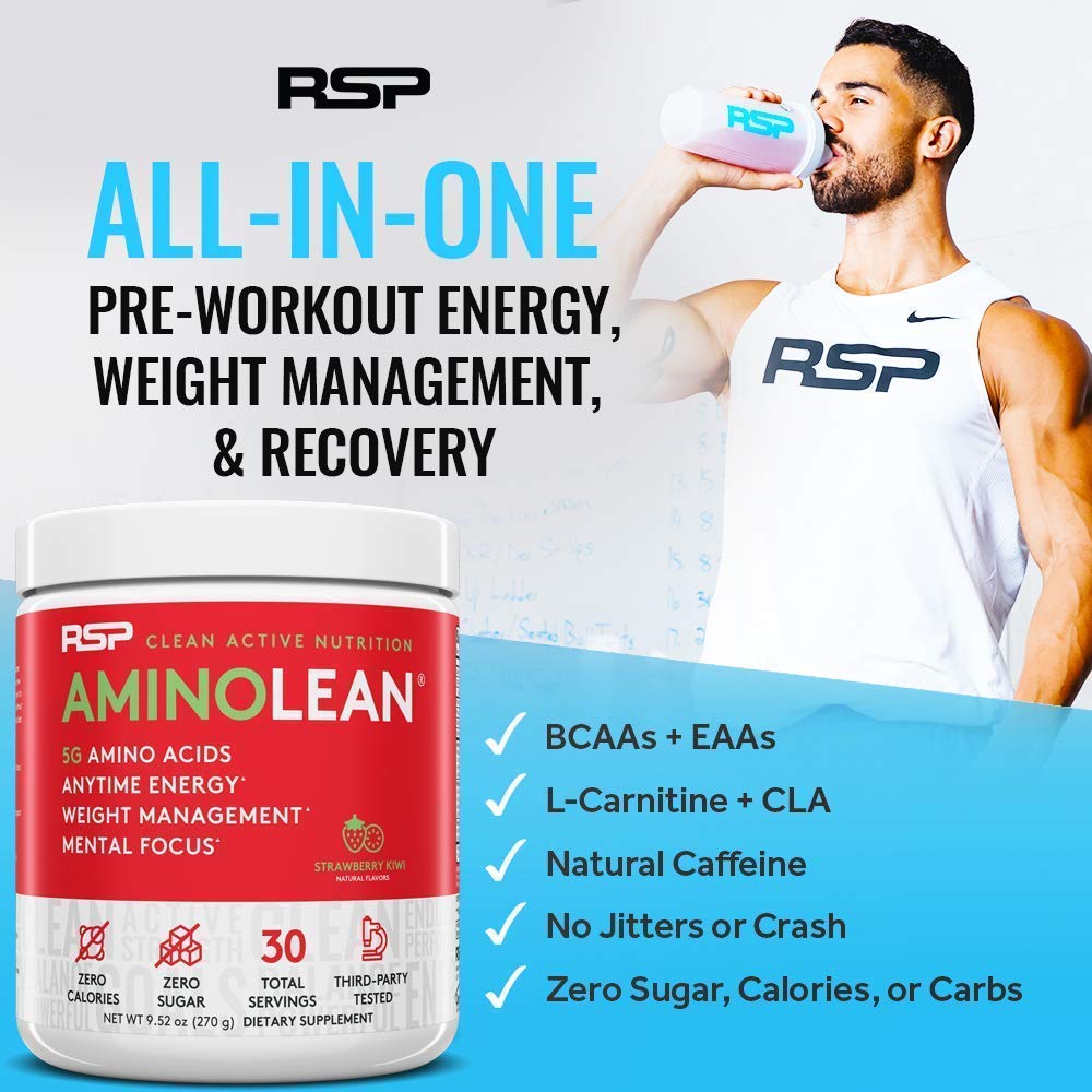 RSP NUTRITION AminoLean Pre Workout Energy (Blue Raspberry 30 Servings) with TrueFit Protein Powder (Vanilla 2 LB)