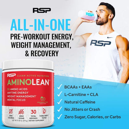 RSP NUTRITION AminoLean Pre Workout Energy (Blue Raspberry 30 Servings) with TrueFit Protein Powder (Vanilla 2 LB)