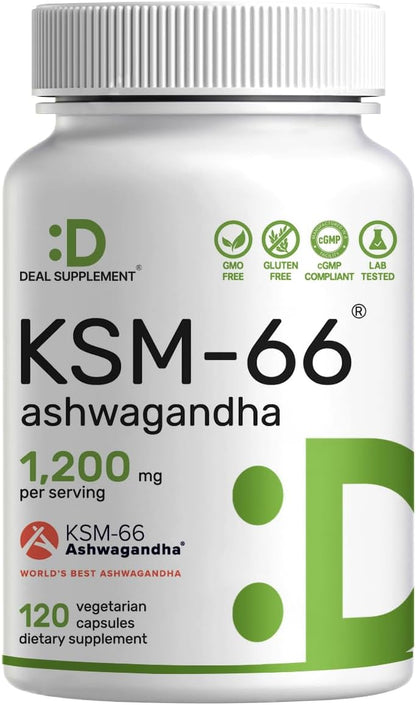 KSM 66 Ashwagandha 1,200mg with Black Pepper, 120 Veggie Capsules – Extra Strength Root Extract – High Absorption – Adaptogenic Supplements for Relaxation, Energy, & Brain Health – Non-GMO