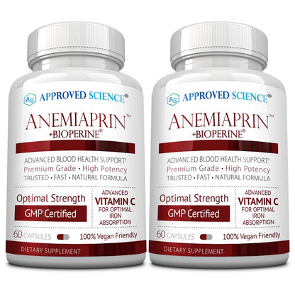 Approved Science Anemiaprin - Iron Bisglycinate with Vitamin C - Gentle On Stomach - Non Constipating Iron Supplement for Women and Men - Blood Support - with Folate and B12-3 Months - Vegan