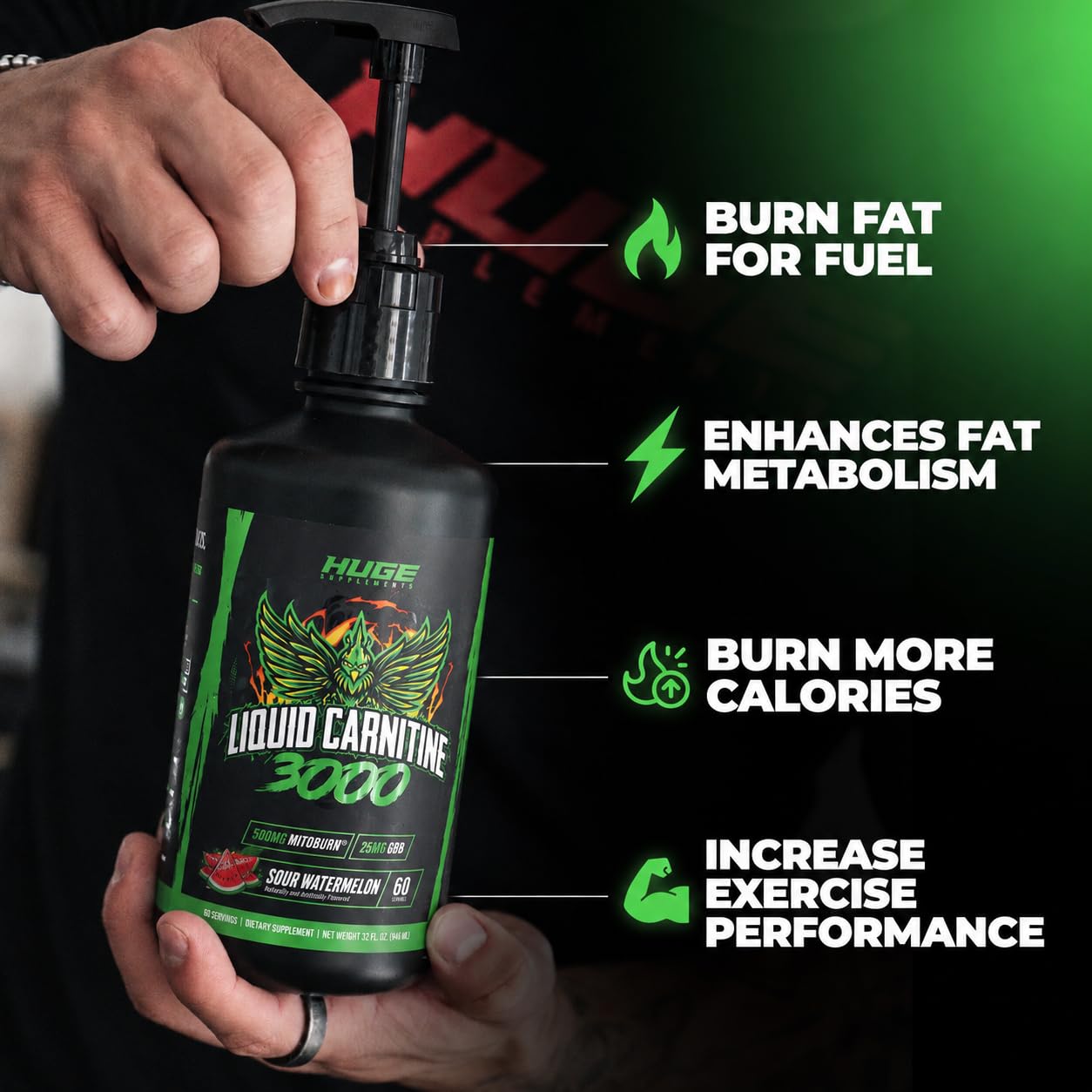 Huge Supplements Liquid L-Carnitine 3000, Superior Potency Infused with 500mg MitoBurn & 25mg GBB, Premium Stim-Free & Energy Boost, Convenient Pump Top, 32 Oz (60 Servings)