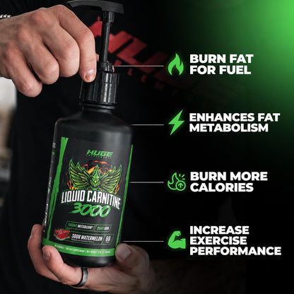 Huge Supplements Liquid L-Carnitine 3000, Superior Potency Infused with 500mg MitoBurn & 25mg GBB, Premium Stim-Free & Energy Boost, Convenient Pump Top, 32 Oz (60 Servings)