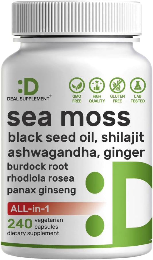 DEAL SUPPLEMENT Irish Sea Moss 240 Veggie Capsules – 14 Superfood Complex with Black Seed Oil, Ashwagandha, & Ginger