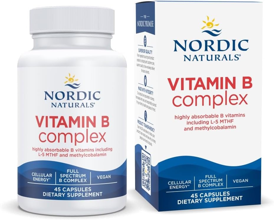 Nordic Naturals Vitamin B Complex, Energy Metabolism - 45 Capsules | 8 essential B vitamins: B1 Thiamine, B2 Riboflavin, B3 Niacin, B6, B12, B9 Folate, B7 Biotin, B5 Pantothenic Acid. Non-GMO