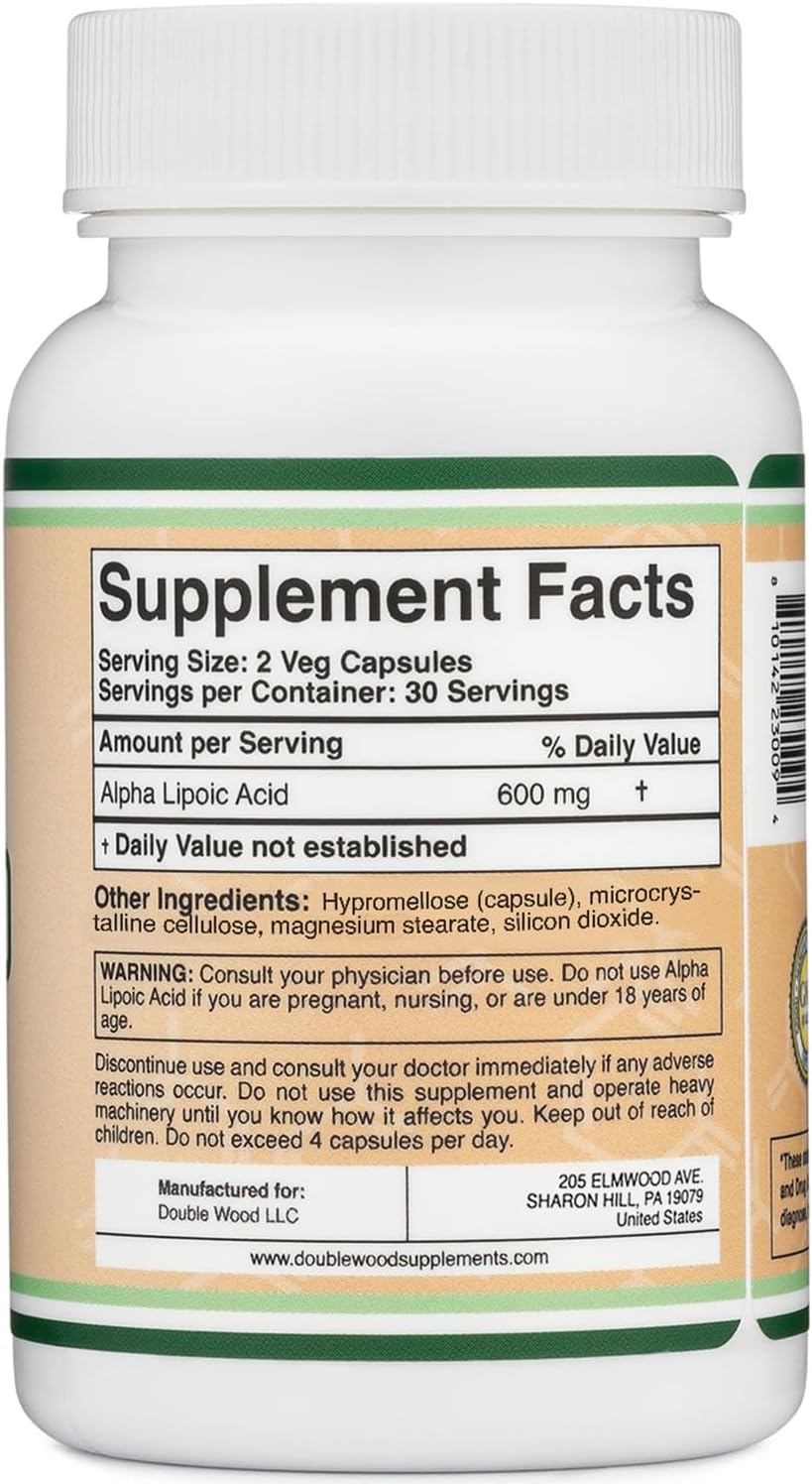 Alpha Lipoic Acid 600mg per Serving, 60 Capsules (Third Party Tested, Non-GMO, Gluten Free, Vegan Safe) Cellular Energy Support (ALA Supplement) by Double Wood