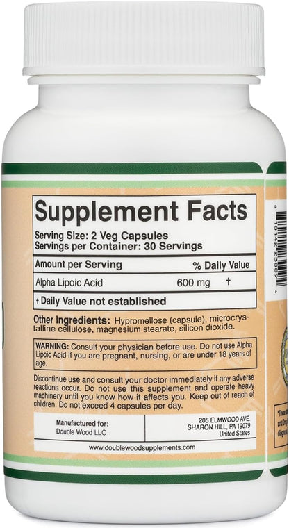 Alpha Lipoic Acid 600mg per Serving, 60 Capsules (Third Party Tested, Non-GMO, Gluten Free, Vegan Safe) Cellular Energy Support (ALA Supplement) by Double Wood