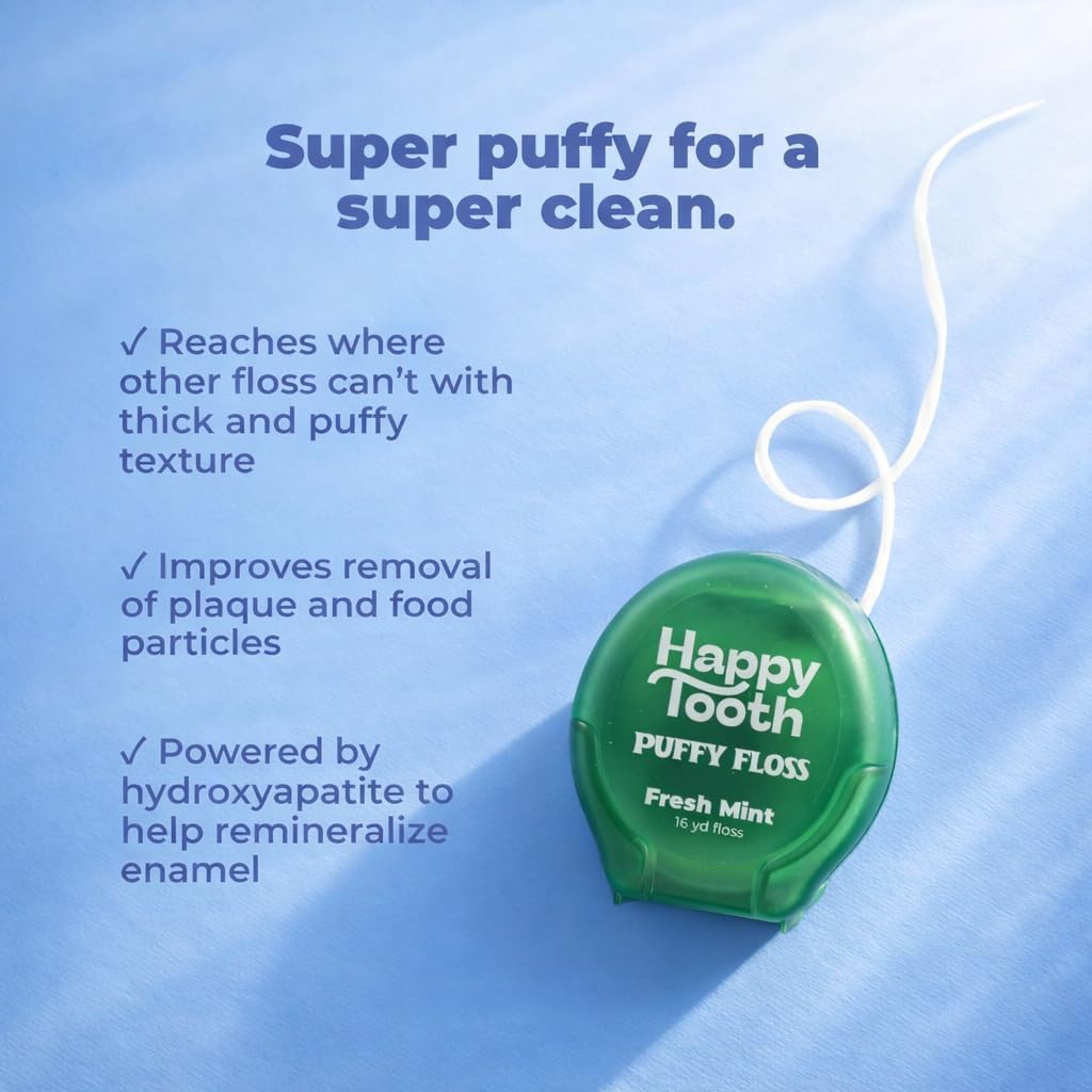 Happy Tooth Dental Floss, Natural Floss for Daily Dental Hygiene, Expanding String Floss for Tight Spaces Between Teeth, with Hydroxyapatite and Mint Flavor Tooth Cleaning Routine, 3 Pack