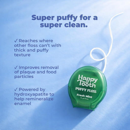 Happy Tooth Dental Floss, Natural Floss for Daily Dental Hygiene, Expanding String Floss for Tight Spaces Between Teeth, with Hydroxyapatite and Mint Flavor Tooth Cleaning Routine, 3 Pack
