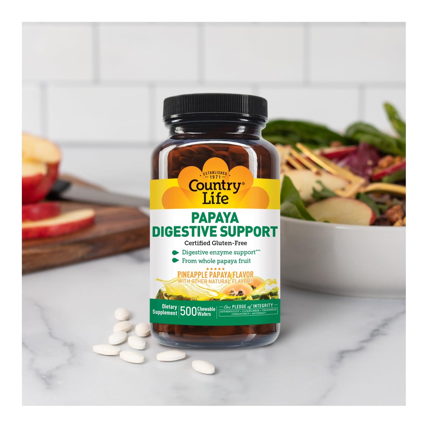 Country Life Papaya Digestive Support, 500 Chewable Wafers | Natural pineapple & papaya Flavor. Assists nutrient absorption, contains papain & protease