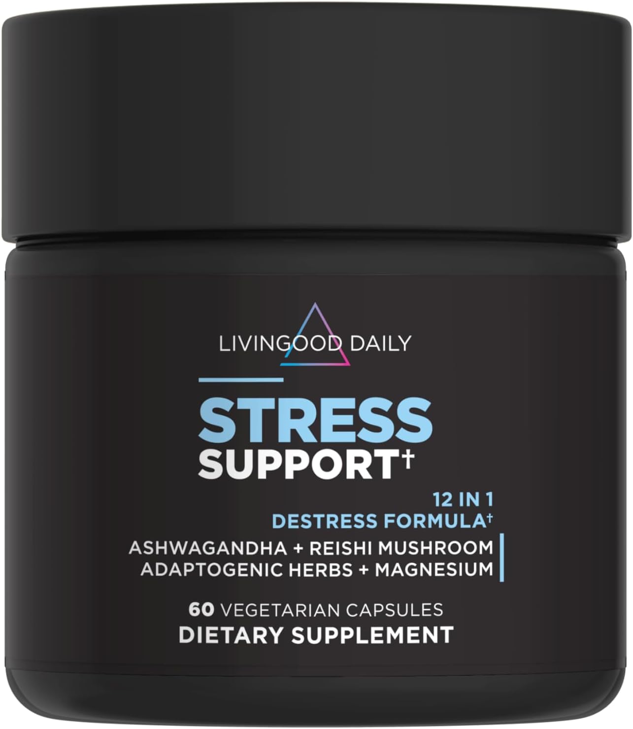 Livingood Daily Stress Support, 12-in-1 Supplement with Ashwagandha, Reishi Mushroom, Vitamin B6, Adaptogenic Herbs & Magnesium, Supports Mood & Calm, Gluten Free, Vegan, 60 Vegetarian Capsules