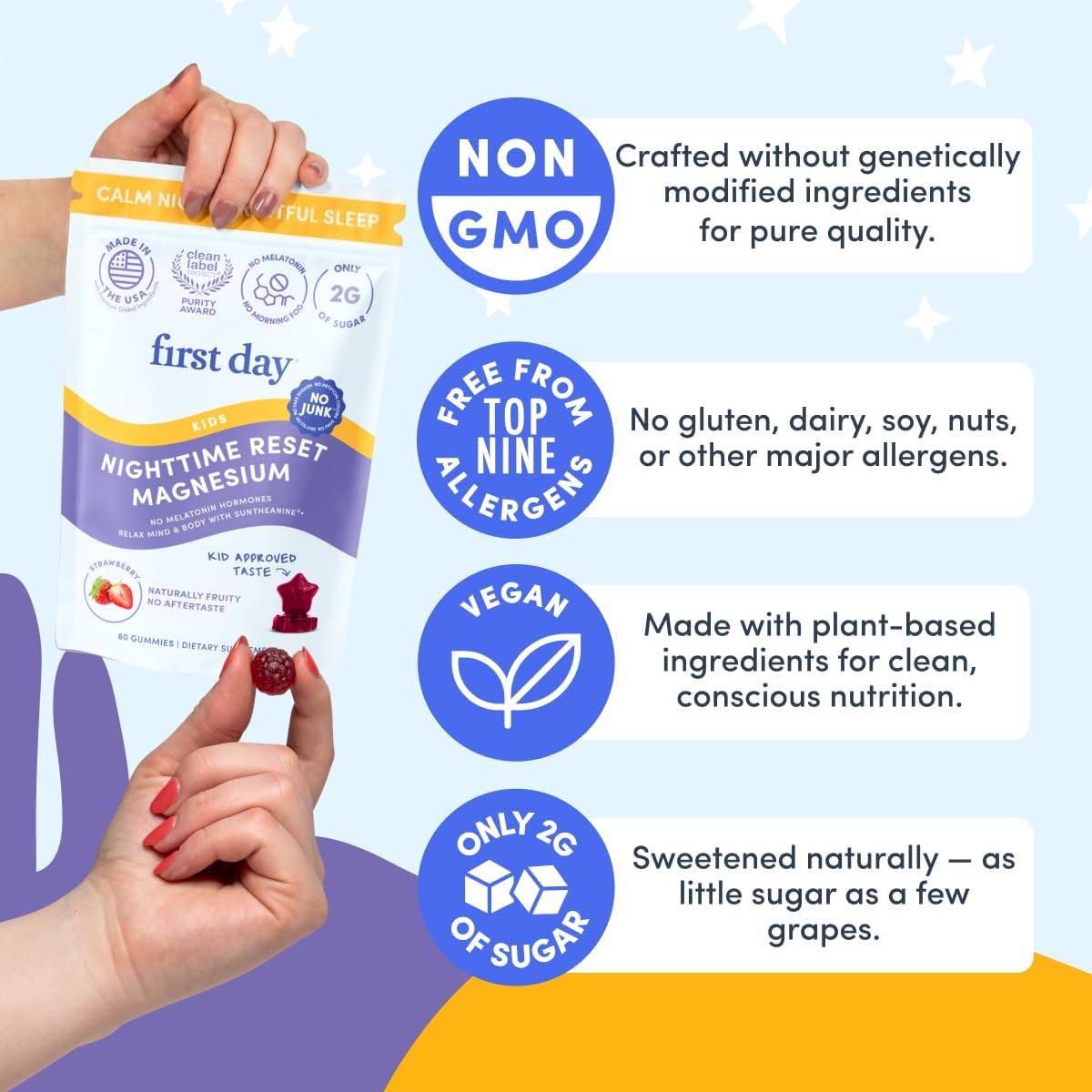 FIRST DAY Kids Calming Gummies (Strawberry) & Brain Focus Gummies (Peach) for Rest & Attention | Mood & Energy | No Melatonin | Stimulant-Free | Clean Label Project Verified® | Vegan | 30-Day Supply
