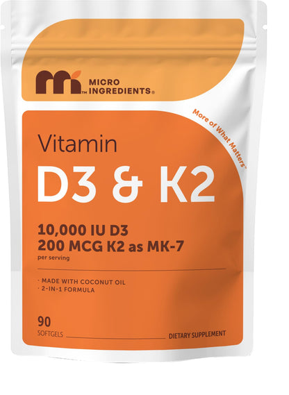 Micro Ingredients Vitamin D3 K2 MK-7 10,000 IU Per Serving, 300 Softgels | Made with Virgin Coconut Oil, K2 200 mcg Per Serving. D3 & K2 Vitamin Supplement. Easy-to-Swallow. Non-GMO, Gluten Free.